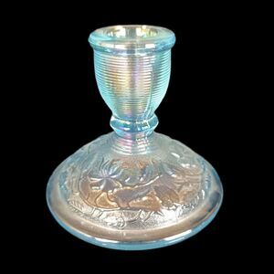 Imperial Glass Candlestick Holder Small Blue Iridescent Carnival Glass Lenox